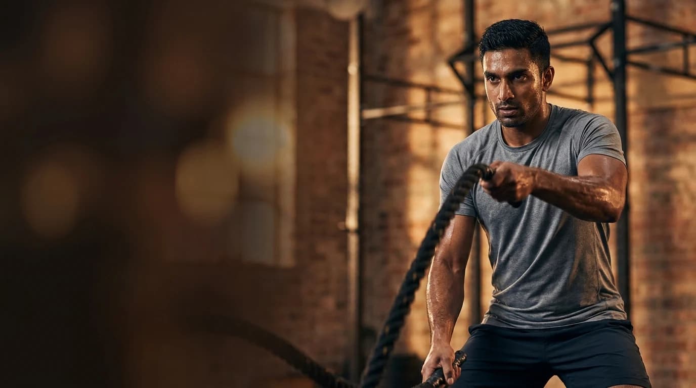 Illustrative athlete training with battle ropes in a dark studio